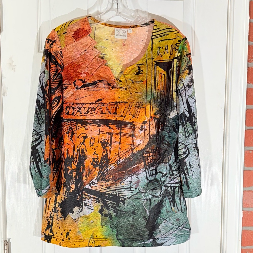 Parsley & Sage Women Size M Orange Yellow Black Graphic 3/4 Sleeve Top